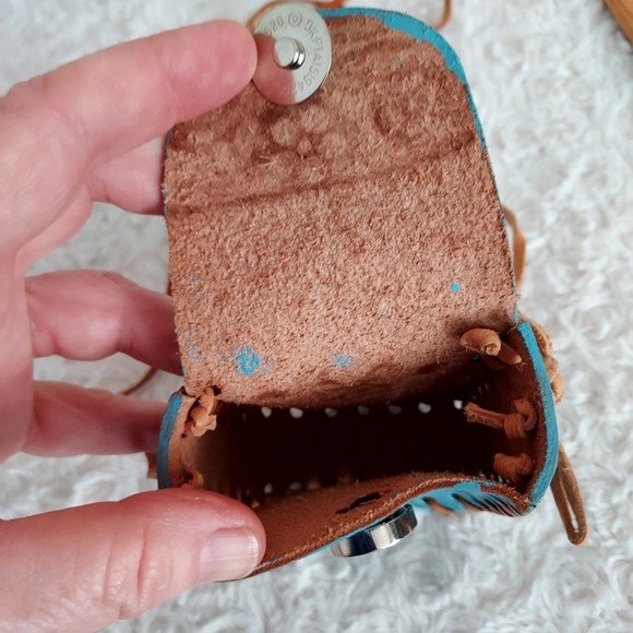 Little leather Hand Crafted floral turquiose blue bag pouch - Picture 3 of 5